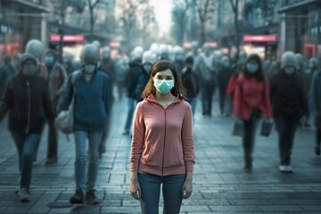 street crowded stands face mask medical woman young the  blur care city crowd danger disease epidemic face filter flow flu health disease infection mask medicals people prevention problem