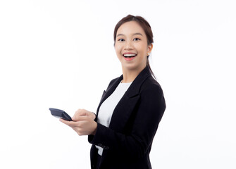 Portrait young asian businesswoman using calculator for calculate expense and budget for saving isolated white background, business woman or manager calculate tax, business and finance concept.