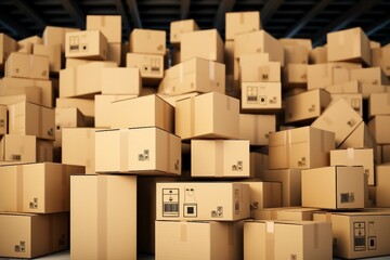 concept warehouse parcels boxes delivery cardboard stack box parcel package shipping cardbox transportation storage post container transport cargo paper mail brown send moving white store - obrazy, fototapety, plakaty