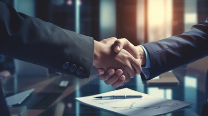 Sealing a deal, Two Business people shaking hands after Welcoming partners finishing up  - Generative AI - obrazy, fototapety, plakaty