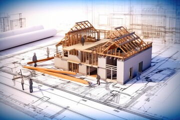 project building blueprints construction house men at work blueprint model build plan tool home engineering architecture drawing draft structure real estate unfinished vignetting