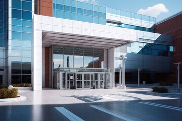 the modern medical building main entrance brick corporation facility medicals corporate medic headquarter business property clinic outpatient estate parking lease location commercial urgent outside
