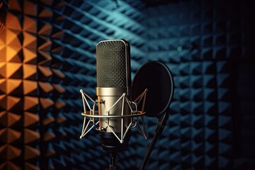 studio recording microphone professional modern broadcasting broadcast acoustic condenser media music editing composer sound show broadcaster absorption digital tube vocalist technology - obrazy, fototapety, plakaty