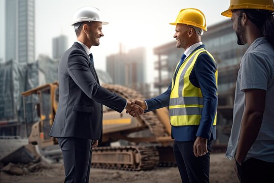 site construction handshake businessman engineer business building architect industry contractor agreements deal build shaking hand happy smile smiling success teamwork team conversation