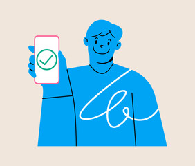 Clip art of a man showing a smartphone. Colorful vector illustration