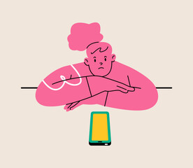 Worried woman looking at smartphone in waiting of message or phone call. Colorful vector illustration