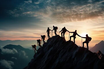 concept business success trekking travel work team helping climbing mountain peak people Group together hand leadership trust collaborating hope support sunset freedom motion active help climb - obrazy, fototapety, plakaty