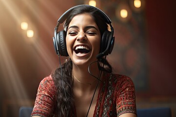 laptop laughing headset wireless wear woman indian cheerful call chat class communication computer conversation course digital education fun funny girl happy home cyberspace language