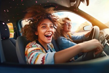 car together driving girlfriends young laughing two friendship girlfriend happiness 20s adult attractive beautiful buddy carefree caucasian city confident copy space - obrazy, fototapety, plakaty