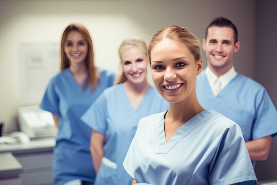 smiling medical professional team surgery care clinic dental dentist doctor medicals nurse occupation dentistry teeth uniform adult assistant caucasian check-up female happy health indoor job