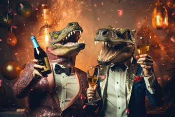 concept holidays absurd boombox vintage music listening champagne drinking fun having people trendy young mask rex t nosaur chicken wearing eve year new celebrating couple crazy - obrazy, fototapety, plakaty