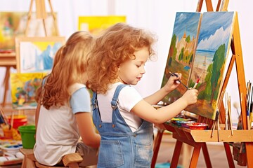 easel painting Child children girl boy paint drawing school brush classroom education kindergarten...