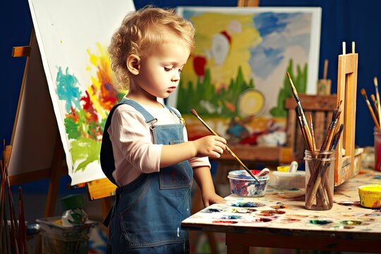 easel painting Child children girl boy paint drawing school brush classroom education kindergarten teacher balloon childcare center playschool help book rainbow club art craft hobby skill