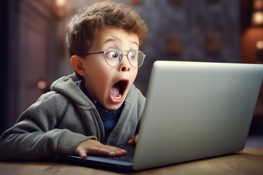 computer laptop internet boy surprised shocked children shock surprise cyberspace amazed people problem mischief mistake education childhood curiosity expression anxiety anxious