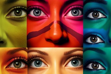 interests ages nations all unification equality concept stripes multicolored backgorund neon colored isolated eyes female male close collage happy people young cropped eye