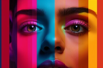 stripes multicolored backgorund neon colored isolated eyes female male close collage happy people young cropped eye equality face youth age fun emotion music multiple mosaic fashion - obrazy, fototapety, plakaty