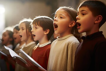 together choir singing children school group music lesson learning club pupil education girl student practicing class classroom happy smiling having - obrazy, fototapety, plakaty