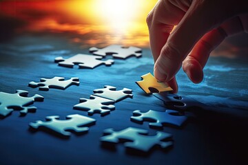 Puzzle piece last placing Hands competitive background connection decision challenge abstract closeup concept business patience solution pattern jigsaw finger sport skill order human hand - obrazy, fototapety, plakaty
