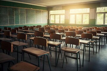 concept school Back chairs wooden tone vintage classroom Empty room class education board interior chair blackboard training desk nobody inside table study learn seat lecture lesson