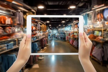tablet gital holding Hand concept marketing reality Augmented ar life events view business buying supermarket digital technology number mobile overcoat blur hypermarket virtual detail screen dealer