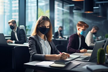 lockdown office school work back masks face people Young concept reopen end after virus quarantine pandemic disease outbreak wearing mask prevention protection indoor inside workplace