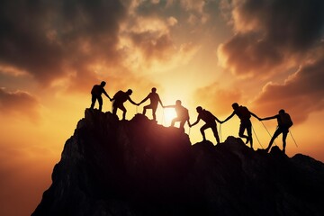 teamwork assistance mutual thanks mountain top climbed who climbers silhouette   climber altruism teamwork mountaineer many team help hand crowd alpinist rescue man success emotion