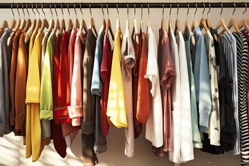 rack hanging clothes collection clothing dress range hang hanger house home market sale store shop shopping colourful fabric