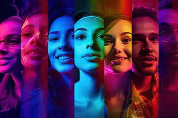 models 7 made collage light neon background multicolored people group portraits cropped happy young face portrait hipster fun emotion music multiple mosaic lifestyle - obrazy, fototapety, plakaty