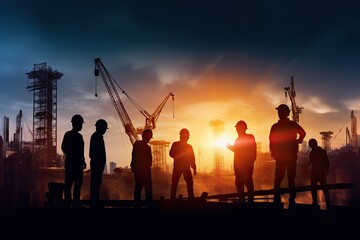 Fototapeta na wymiar together images reference multiple create fair light background industry blurred site working team construction engineer silhouette business industrial building men at work safety