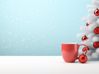Red cup of coffee with christmas decorations. Background with copy space.