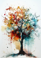 Watercolour tree painted with vivid rich colour and expressive watercolor washes on thick paper — autumn colours 