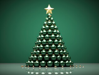 Christmas tree made up of balls with star. Green background.
