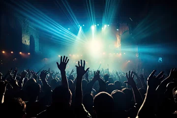Fotobehang stage show musical honor hands raised concert people crowd music night nightlife disco up club dj fun event dance nightclub popular techno hand happy party entertainment silhouette © sandra