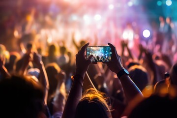 music phone smart touch photographs taking people concert crowd camera recording hand fun media video musical spotlight social event photographing art photo human viewfinder popular display - obrazy, fototapety, plakaty