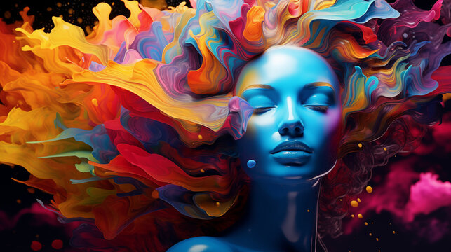 Psychedelic woman with hair exploding with color in waves and bubbles, desktop wallpaper - generative ai