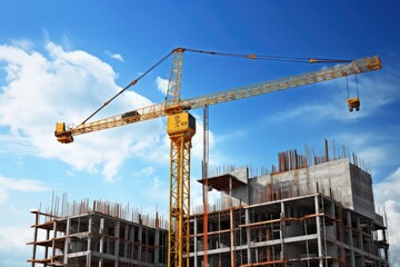 sky blue site construction building crane residential development built apartment architecture brick concrete estate flat tower block home house housing property real residence structure