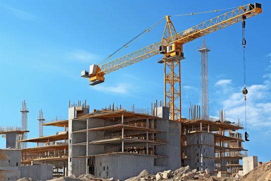 sky blue site construction building crane residential development built apartment architecture brick concrete estate flat tower block home house housing property real residence structure