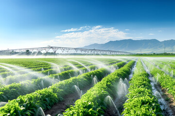 agricultural irrigation as sprinklers nourishes the fertile farmland in background of blue sky.  Agriculture concept of industry and production.