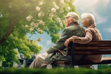 park bench resting couple elderly  couple senior old spring outdoors bench elderly park sitting people love mature summer 2 view head male seat relaxed caucasian female lifestyle retirement - obrazy, fototapety, plakaty