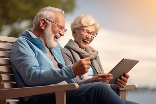 elderly technology modern using computer tablet looking bench sitting couple active senior smiling woman old people happy laptop reading outdoors retirement home family mature book