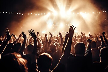 concert music live crowd raised hands gig audience act worshipful backlight band celebration cheering club dancing entertainment event festival - obrazy, fototapety, plakaty