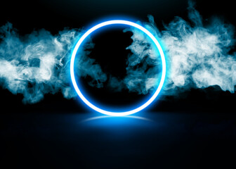 Glowing round blue neon frame in smoke on black background