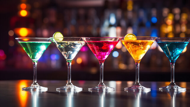 colorful martini drinks on a bar top with reflection