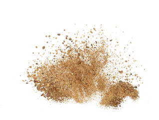 Golden grain wave explode. Abstract cloud fly. Yellow colored sand splash throwing curve circle in Air. Fine Sand flying explosion, White background Isolated throwing freeze stop motion