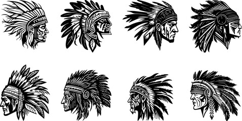 Set of indian tribe head. Indian tribe emblem silhouette isolated. Indian tribe tatto design