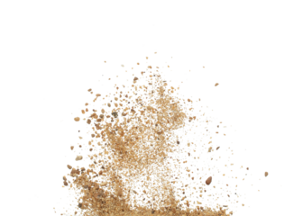 Golden grain wave explode. Abstract cloud fly. Yellow colored sand splash throwing curve circle in Air. Fine Sand flying explosion, White background Isolated throwing freeze stop motion