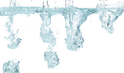 Drinking water pouring into clear glass. Bubbles inside from pouring falling clear water. Drinking soda water flush air bubble. White background isolated freeze element