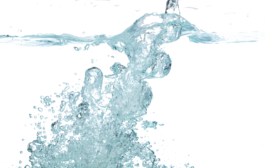 Drinking water pouring into clear glass. Bubbles inside from pouring falling clear water. Drinking soda water flush air bubble. White background isolated freeze element