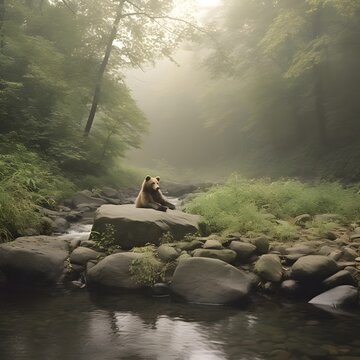 a cuddly bear akin to this lounges by a babbling brook, its fur glistening from the water's mist. around it, the forest teems with life, the lush greenery reflecting the vibrancy of nature&rsquo;s