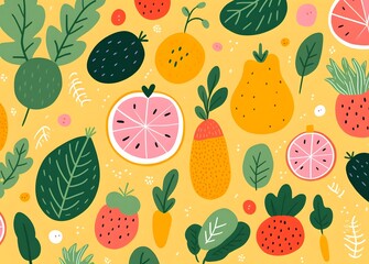 fruits and vegetables designs background wallpaper, in the style of jon burgerman, vintage aesthetics, yellow and pink, colorful animation stills, cottagecore 